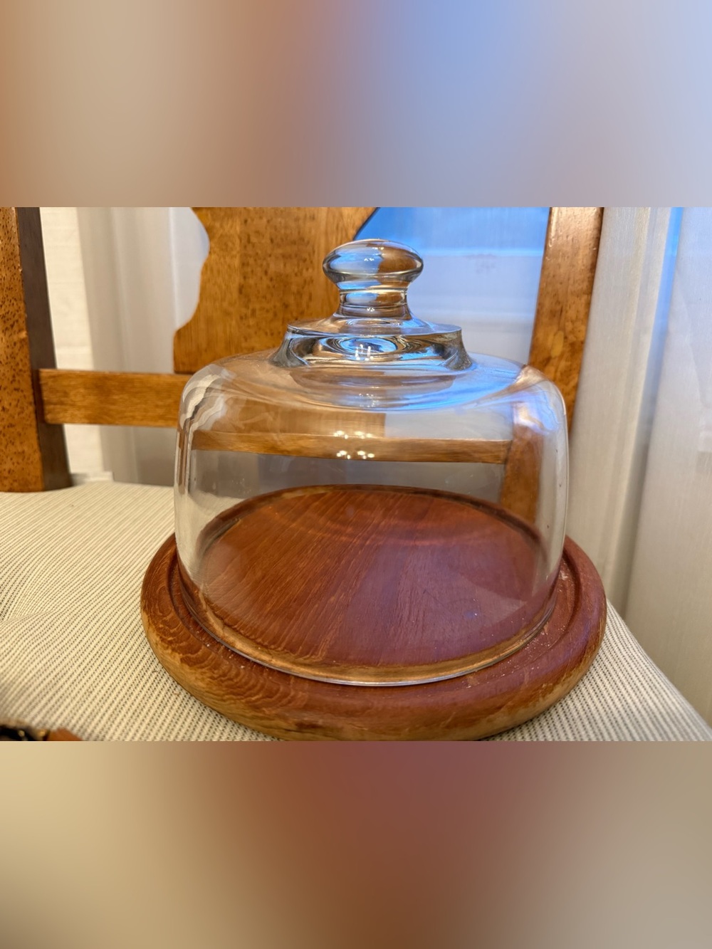 Glass Dome Cloche with Wooden Base - Clear Glass & Brown Wood Vintage Thailand